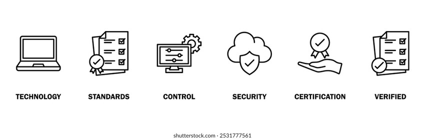 Conceito de ilustração vetorial de ícone da Web de banner ISO 27001 para o sistema de gerenciamento de segurança da informação (ISMS) com um ícone de tecnologia, padrões, controle, segurança, certificação e verificado