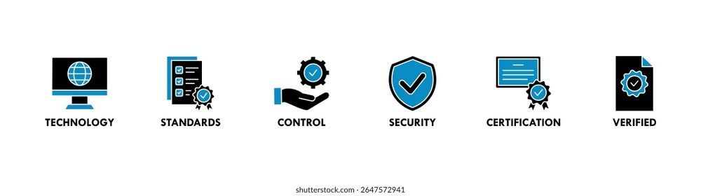 Conceito de ilustração vetorial de ícone da Web de banner ISO 27001 para o sistema de gerenciamento de segurança da informação (ISMS) com um ícone de tecnologia, padrões, controle, segurança, certificação e verificado