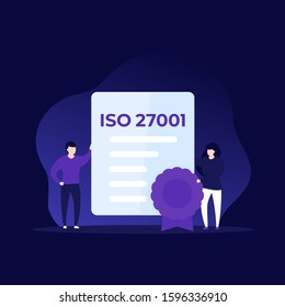 ISO 27001 certificate and people, vector illustration