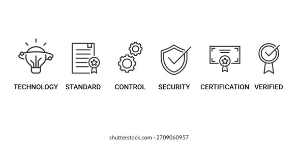 ISO 27001 Conjunto de ícones contendo tecnologia, padrão, controle, segurança, certificação e ícones vetoriais verificados
