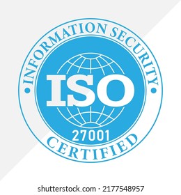 ISO 27001 - Information Security, certification stamp. Flat style, simple design.
