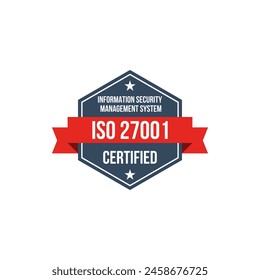 iso 27001 information security management system certified vector label, standard certificate badge, audit verification icon