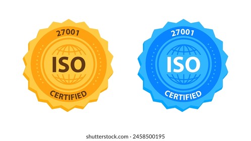 ISO 27001 Insignia de Certificación de Gestión de Calidad Oro y azul. Ilustración vectorial