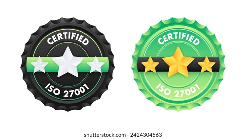 ISO 27001 standard certificate badge. Quality control. International Organization for Standardization. Vector illustration