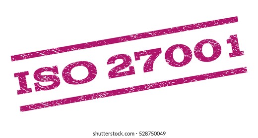 ISO 27001 watermark stamp. Text caption between parallel lines with grunge design style. Rubber seal stamp with scratched texture. Vector purple color ink imprint on a white background.