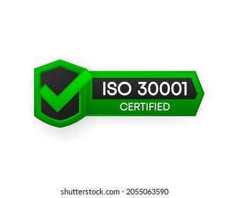 ISO 30001 Certified green vector banner. Flat certification label isolated on white background. Food safety concept. Vector illustration.