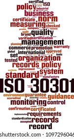 ISO 30301 word cloud concept. Vector illustration