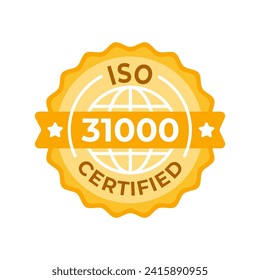 ISO 31000 Certified Emblem. A sophisticated, golden certification badge symbolizing adherence to the ISO 31000 risk management guidelines