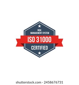 iso 31000 risk management system certified vector label, standard certificate badge, audit verification icon