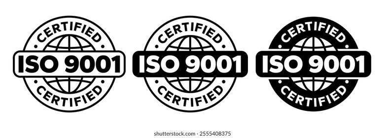 ISO 3166, 13485, 31000, 26000, 27001, 22000, 45001, 50001, 9001, 14001 certified badge set. International Organization for Standardization ISO logo, label, emblem, stamp, vector isolated illustration.