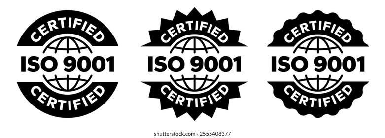 ISO 3166, 13485, 31000, 26000, 27001, 22000, 45001, 50001, 9001, 14001 certified badge set. International Organization for Standardization ISO logo, label, emblem, stamp, vector isolated illustration.