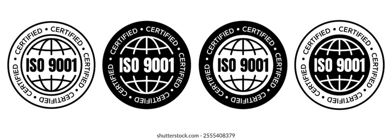 ISO 3166, 13485, 31000, 26000, 27001, 22000, 45001, 50001, 9001, 14001 certified badge set. International Organization for Standardization ISO logo, label, emblem, stamp, vector isolated illustration.