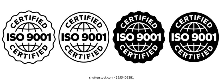 ISO 3166, 13485, 31000, 26000, 27001, 22000, 45001, 50001, 9001, 14001 certified badge set. International Organization for Standardization ISO logo, label, emblem, stamp, vector isolated illustration.