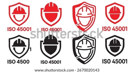 ISO 45001 Safety Icon Set – Occupational Health and Safety Management System Symbols with Helmet and Shield