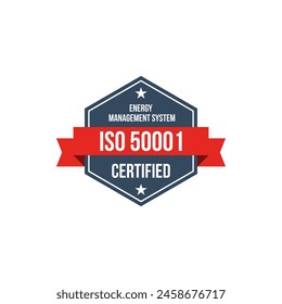 iso 50001 energy management system certified vector label, standard certificate badge, audit verification icon