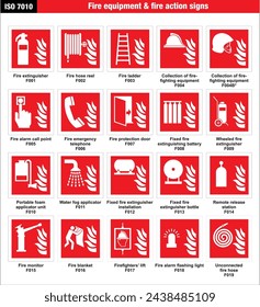 ISO 7010 Fire equipment and fire action signs safety sign symbol pictogram compilation