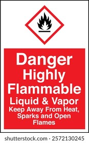 ISO 7010 GHS Chemicals Label Danger Highly Flammable Liquid and Vapor Keep Away From Heat Sparks and Open Flames Vertical White