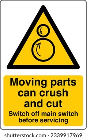 ISO 7010 Hazard Warning Signs Caution - Counter rotating Rollers - Moving Parts Can Crush And Cut Switch Off Main Switch Before Servicing - Portrait.