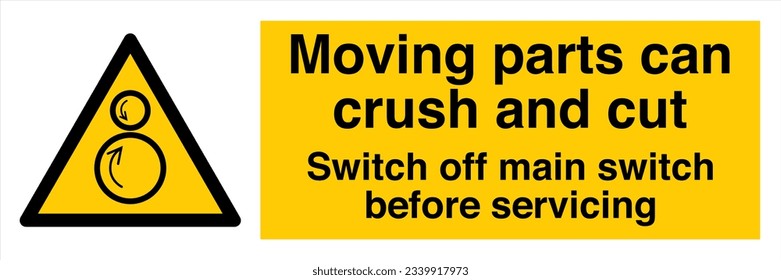 ISO 7010 Hazard Warning Signs Caution - Counter rotating Rollers - Moving Parts Can Crush And Cut Switch Off Main Switch Before Servicing - Landscape.