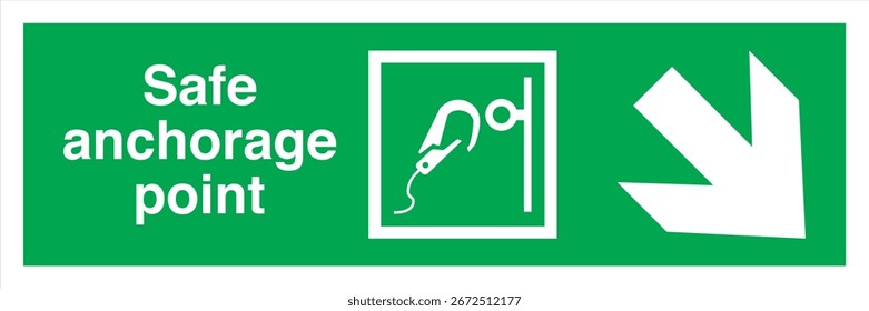 ISO 7010 Registrado Safe Condition Sinais de segurança de evacuação de emergência E072 Ponto de ancoragem seguro com texto Seta horizontal para baixo à direita