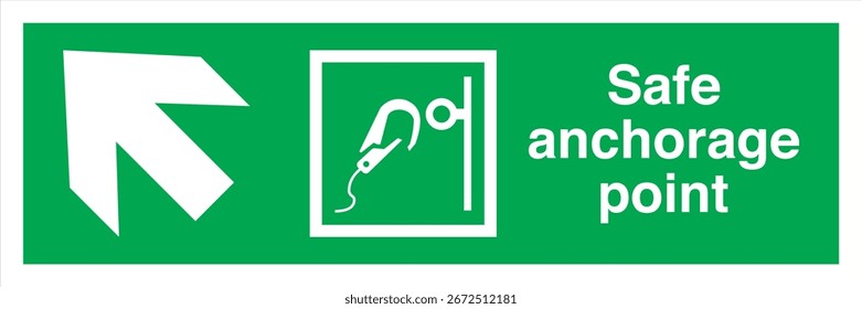 ISO 7010 Registrado Safe Condition Sinais de segurança de evacuação de emergência E072 Ponto de ancoragem seguro com texto Seta horizontal para cima à esquerda