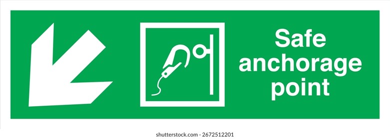 ISO 7010 Registrado Safe Condition Sinais de segurança de evacuação de emergência E072 Ponto de ancoragem seguro com texto Seta horizontal para baixo à esquerda