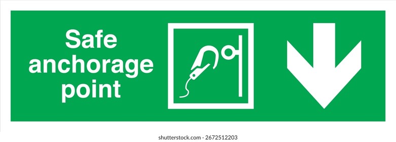 ISO 7010 Registrado Safe Condition Sinais de segurança de evacuação de emergência E072 Ponto de ancoragem seguro com texto Seta horizontal direção esquerda para baixo