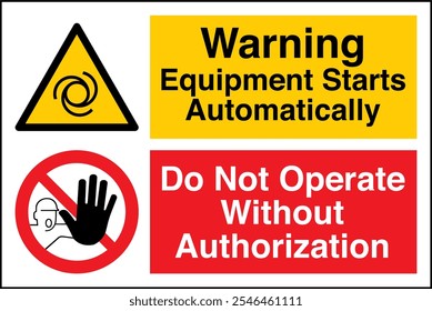 ISO 7010 Safety Sign Label Standards Caution Equipment Starts Automatically Do Not Operate Without Authorization Two Symbols