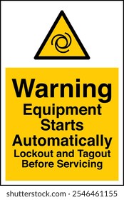 ISO 7010 Safety Sign Label Standards Caution Equipment Starts Automatically Lockout and Tagout Before Servicing Vertical