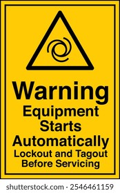 ISO 7010 Safety Sign Label Standards Caution Equipment Starts Automatically Lockout and Tagout Before Servicing Vertical