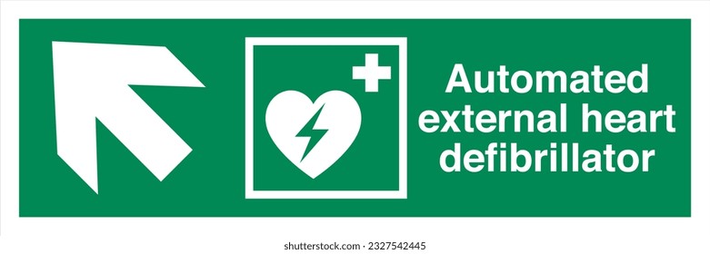 ISO 7010 Standard Safe Condition and first aid Zeichens Automated External Herd Defibrillator Direction Up to Left
