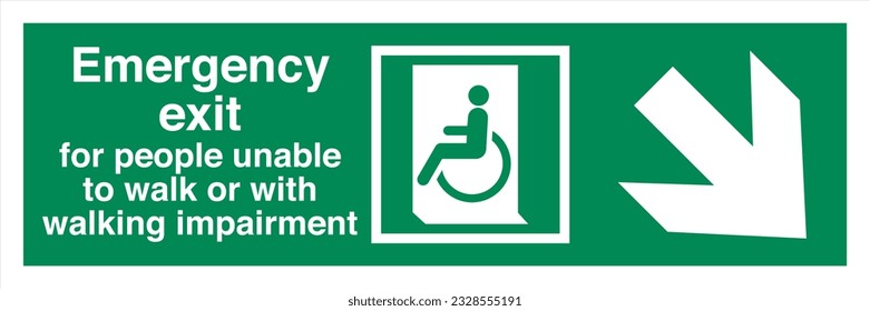 ISO 7010 Standard Safe condition and first aid signs Emergency exit for people unable to walk or with walking impairment Direction Down To The Right.