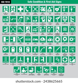 ISO 7010 Standard Safe condition  first aid signs emergency ship boat IMO IMPA symbol pictogram compilation