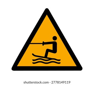 ISO 7010 W045 Warning Towed water activity area. Water skiing sign. Vector illustration of yellow triangle warning sign with man on water skiing icon inside.
