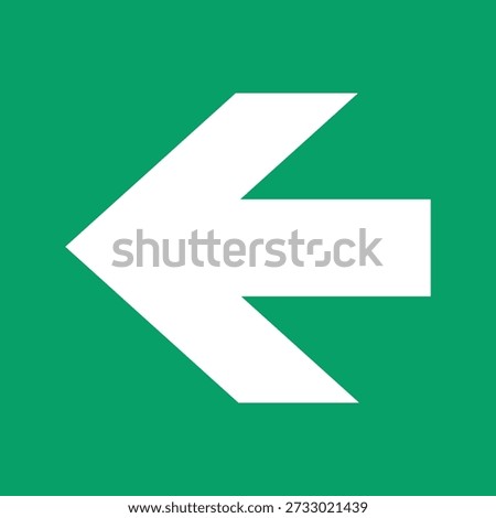ISO 7010-E005 left-pointing directional arrow on a green background. This compliant safe condition symbol is used in fire safety and emergency management to guide personnel toward the nearest exit or assembly point.