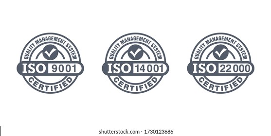 ISO 9001, 14001 and 22000 certified stamps collection - quality management system international standard emblems set - isolated vector signs