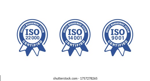 ISO 9001, 14001 and 22000 certified stamps collection - quality management system international standard emblems set - isolated vector signs