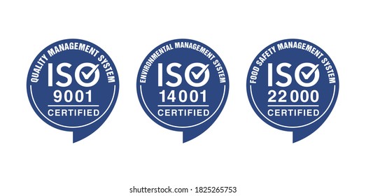 ISO 9001, 14001 and 22000 certified stamp set - quality management system international standard emblems - isolated vector sign