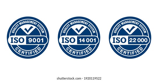 ISO 9001, 14001 and 22000 certified monochrome pictograms set - quality management system international standard emblems set - isolated vector signs