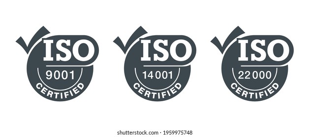 ISO 9001, 14001 and 22000 certified flat pictograms set with big check marks - quality management system international standard emblems set - isolated vector signs