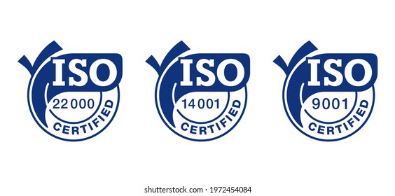 ISO 9001, 14001, 22000 certified flat blue badges set with big check marks - quality management system international standard emblems set - isolated vector signs