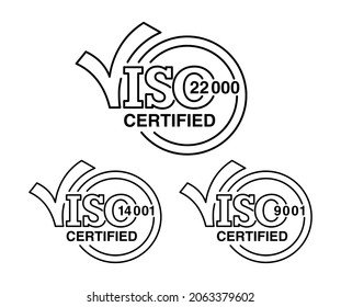 ISO 9001, 14001, 22000 certified flat thin line badges set with big check marks - quality management system international standard emblems set - isolated vector signs