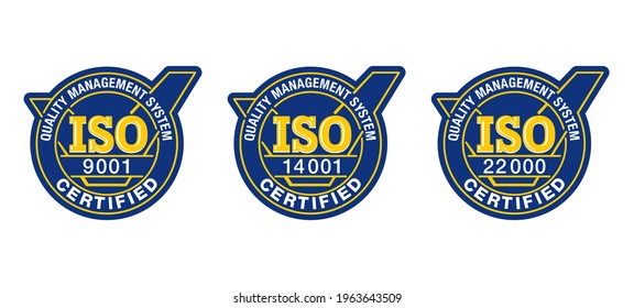 ISO 9001, 14001, 22000 standard. Certified monochrome pictograms set - quality management system international standard emblems set - isolated vector signs