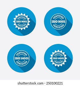 ISO 9001 and 14001 certified icons. Certification star stamps symbols. Quality standard signs. Circle concept web buttons. Vector