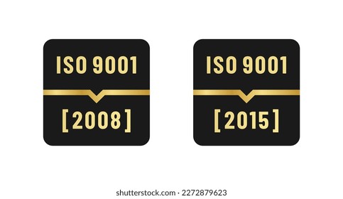 ISO 9001 2008 Label and ISO 9001 2015 Label Vector Isolated in Flat Style. ISO 9001 conformity to standards mark 2008 and 2015 years of standardization. ISO 9001 Label Vector.