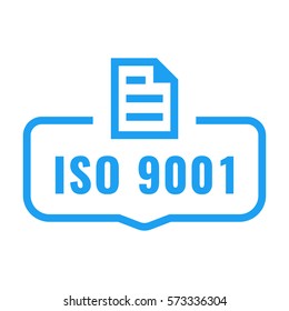 Iso 9001. Badge with document icon. Flat vector illustration on white background.
