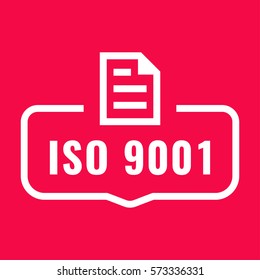 Iso 9001. Badge with document icon. Flat vector illustration on red background.