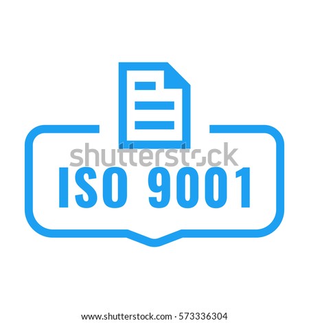 Iso 9001. Badge with document icon. Flat vector illustration on white background.