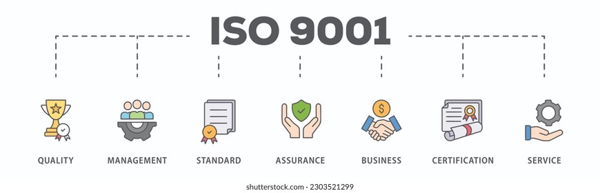 ISO 9001 banner web icon vector illustration concept with icon of quality, management, standard, assurance, business, certification and service
