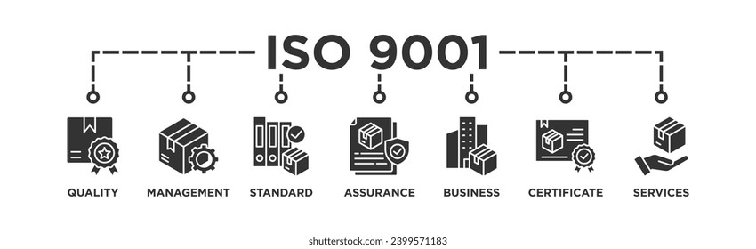 ISO 9001 banner web icon vector illustration concept with icon of quality, management, standard, assurance, business, certification and service	